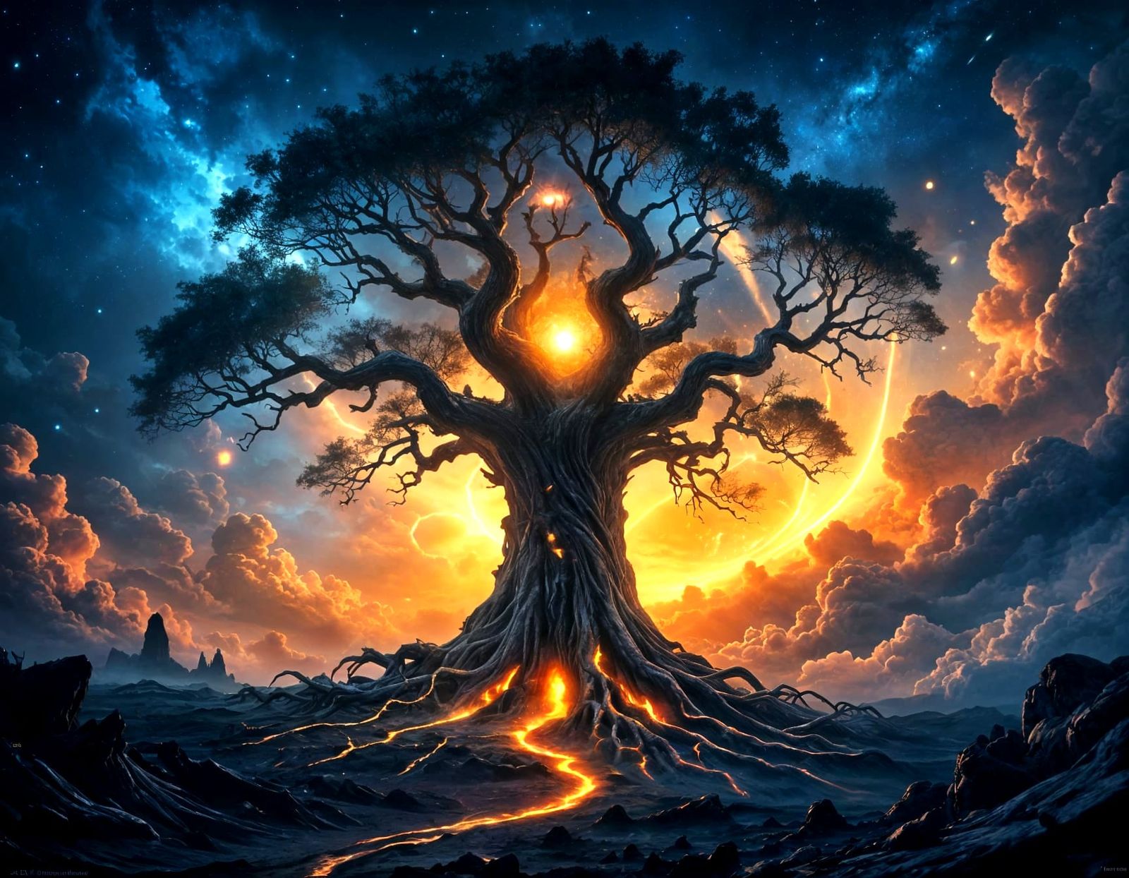 Ancient Cosmic Tree in Swirling Nebula