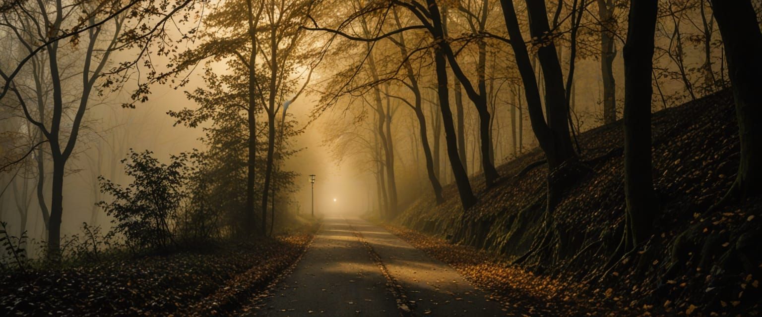 Mystical Forest Path at Night in Eerie Fog