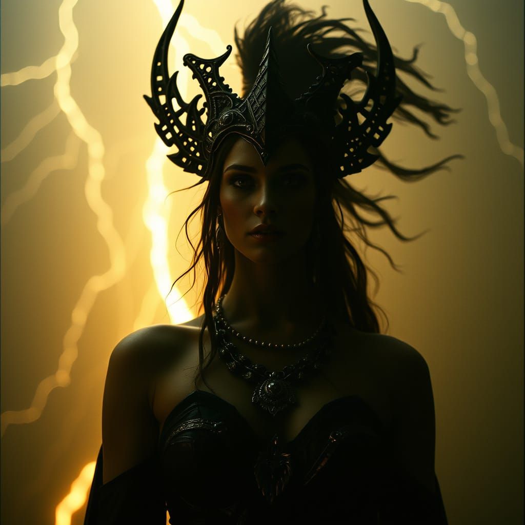 Dark Goddess Amidst Fiery Lightning