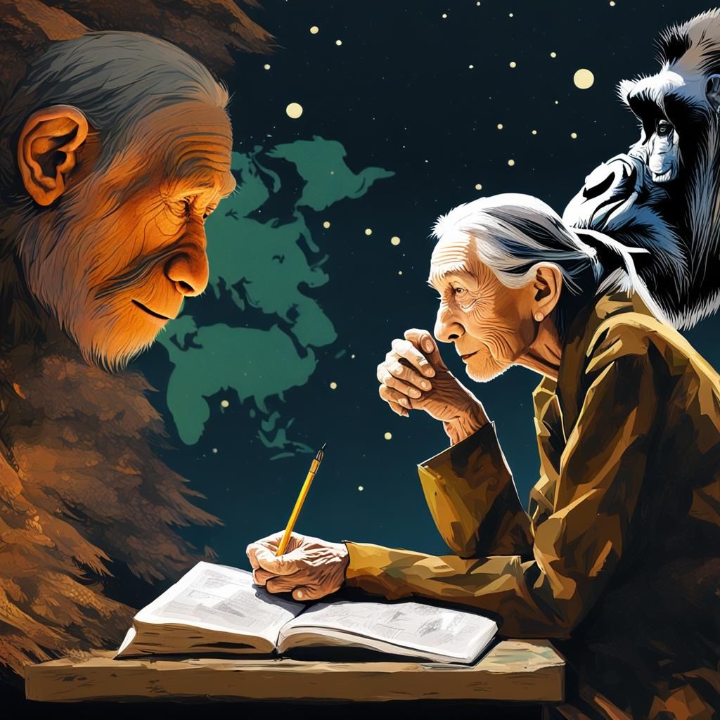 Jane Goodall Portrait with Chimpanzee in Mixed Media