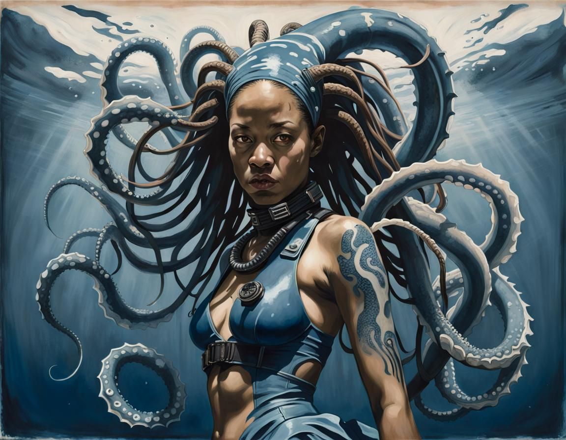 Otherworldly Underwater Tentacle Creature in Cyanotype Wetwa...