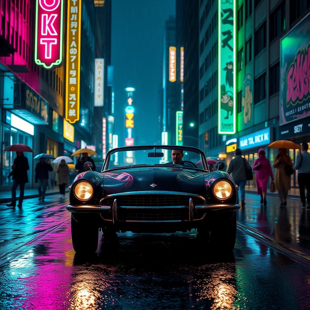 Nighttime City Street Scene in Film Noir Style