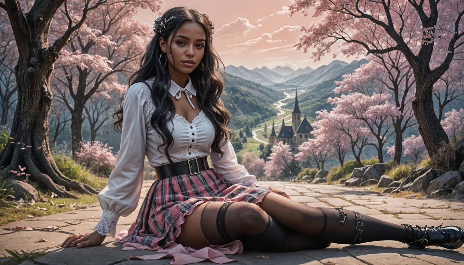 Dominican Woman in White Blouse and Tartan Skirt