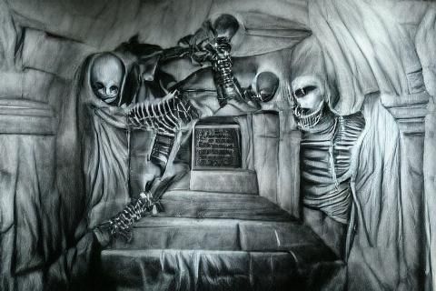 Charcoal Drawing of Skeleton Emerging from Tomb