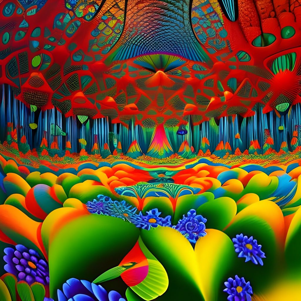 Psychedelic Forest Scene in 1960s Art Style