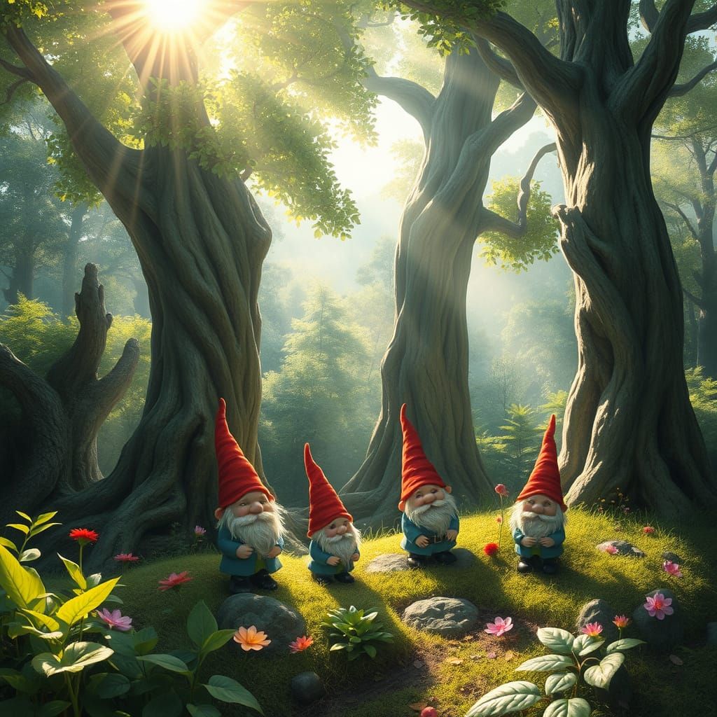 Whimsical Gnomes in a Lush, Vibrant Forest