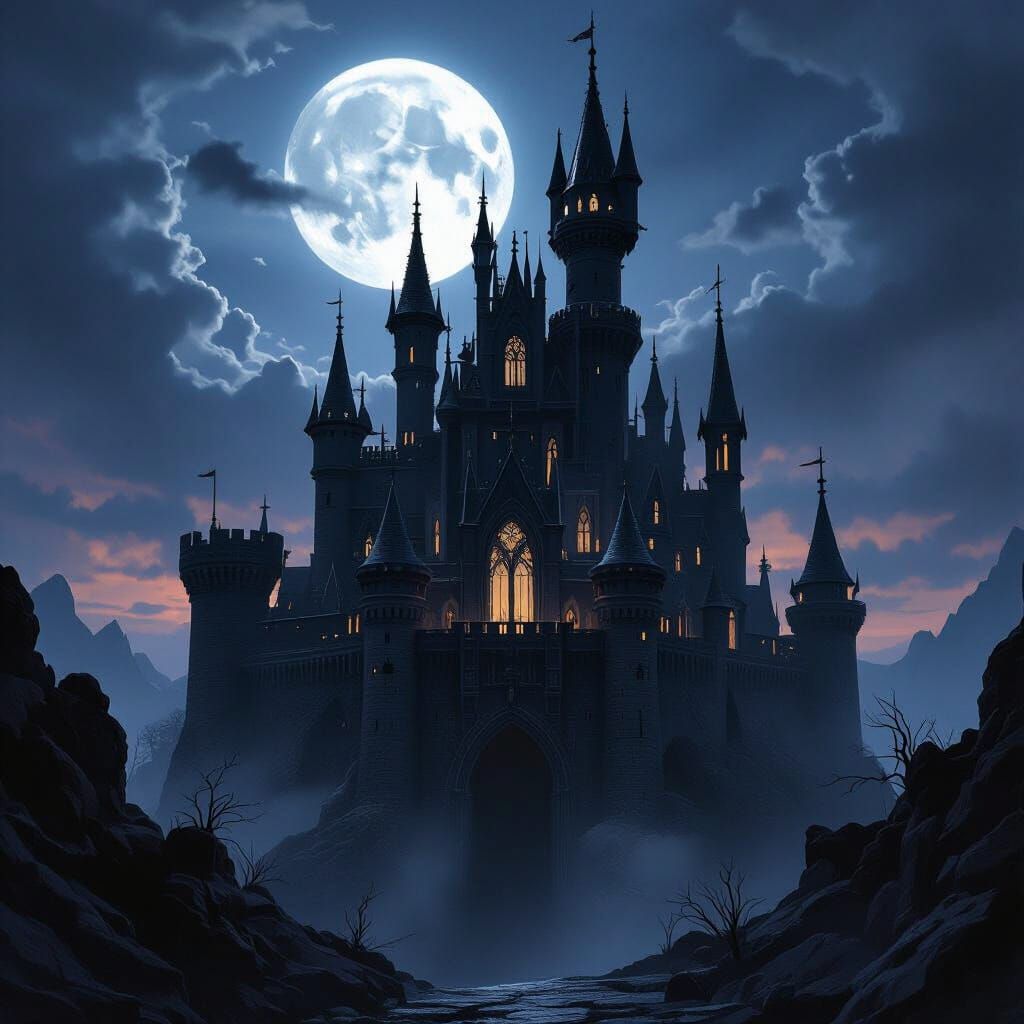 Gothic Black Stone Castle Under Twilight Sky