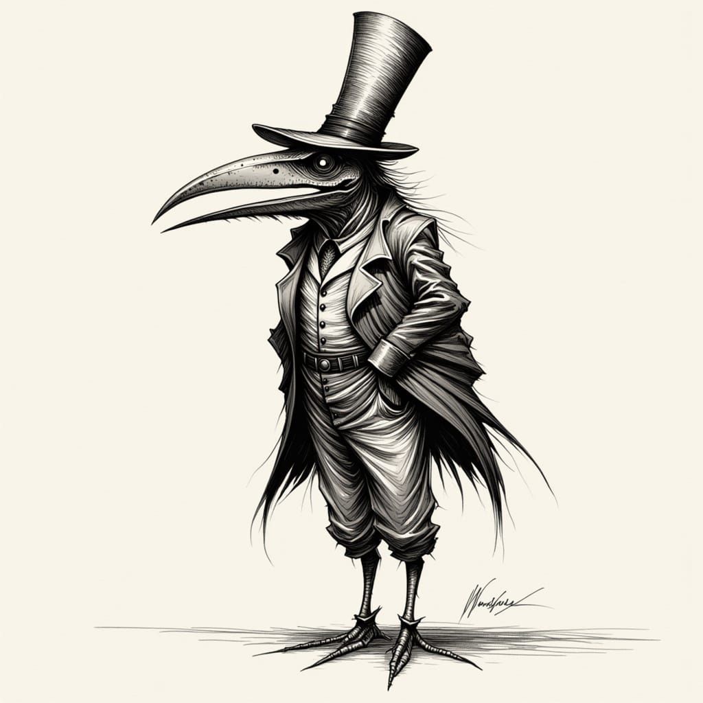 Plague Bird in Top Hat: Watercolour Character Portrait