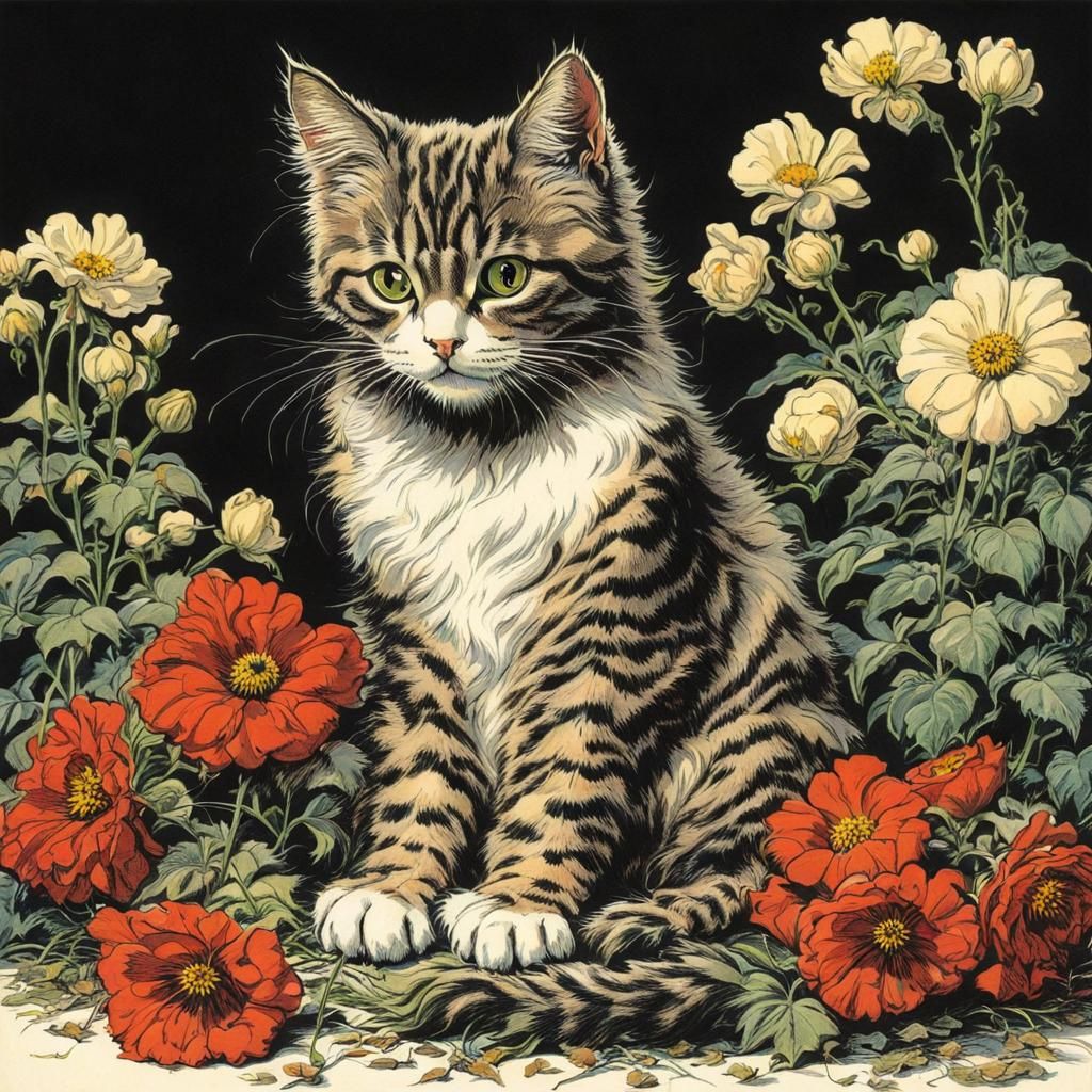 Cute Cat in Wrightson-esque Floral Fantasy