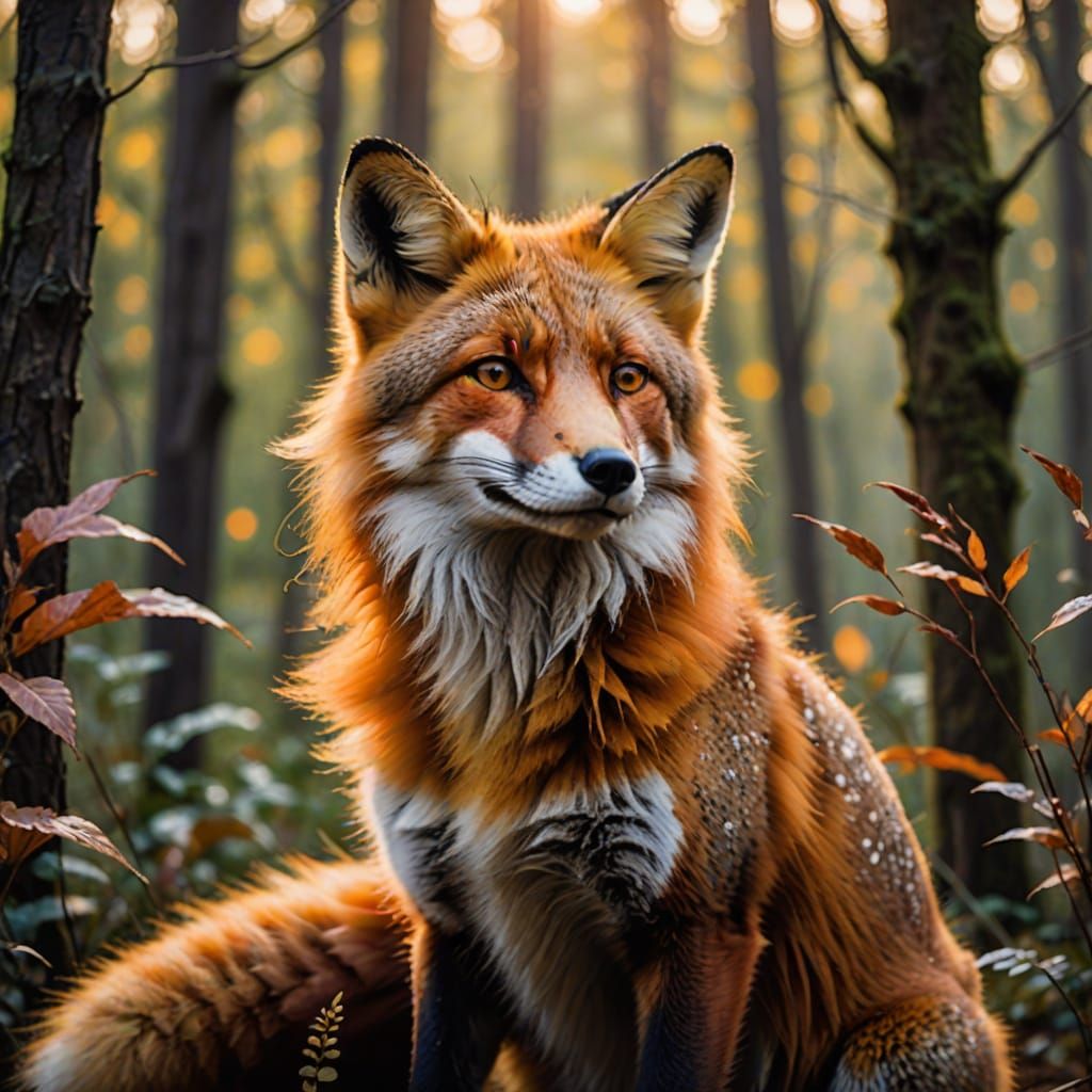 Majestic Fire Fox in Whimsical Watercolor Art Nouveau