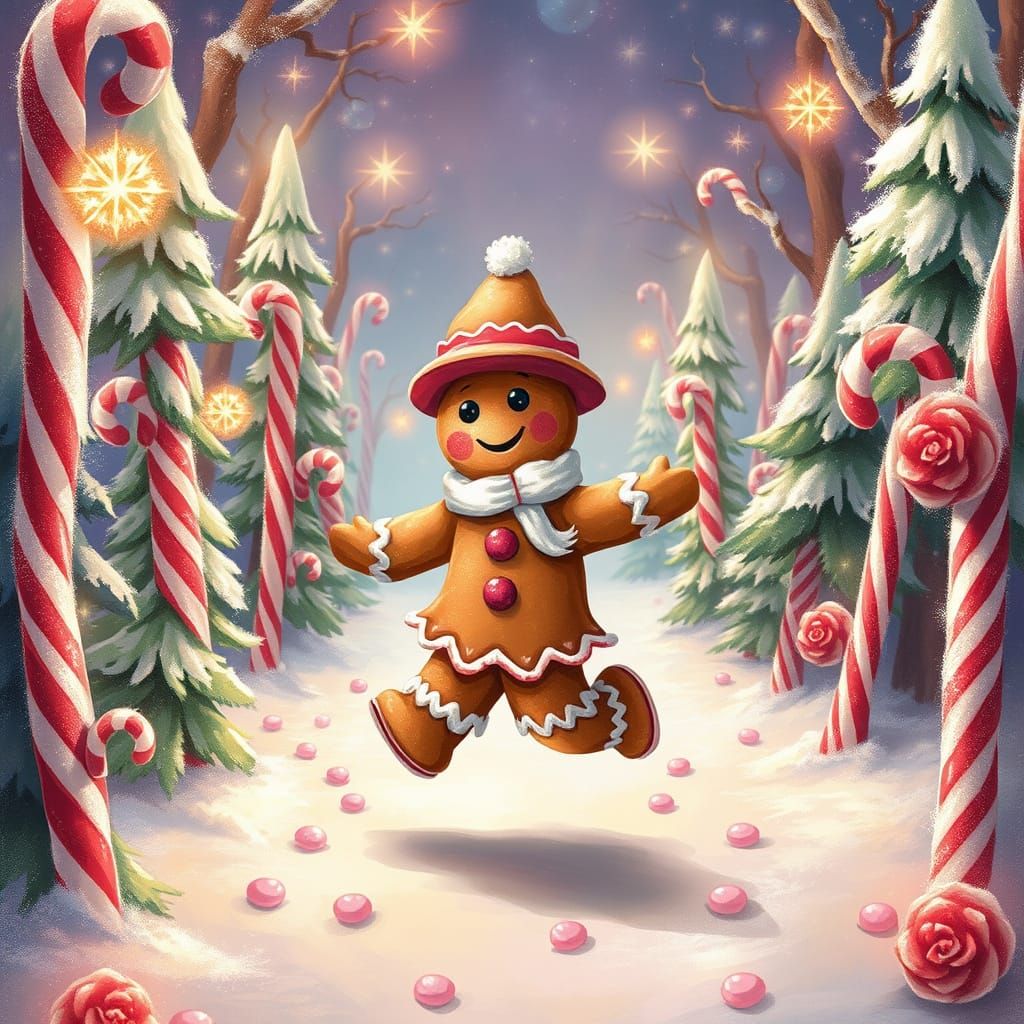 Gingerbread Man Dances in Candy Cane Forest