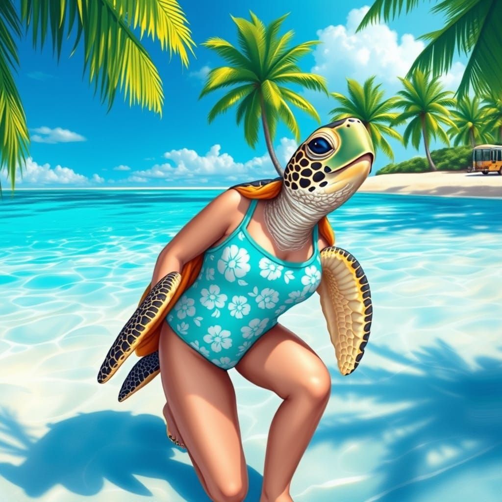 Turtle in Swimsuit on Beach, Whimsical Art Style
