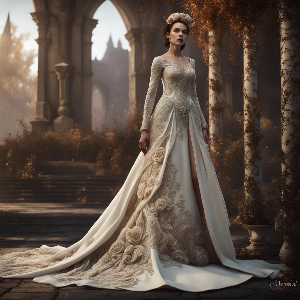 Elegant Embroidered Ivory Wedding Gown: Detailed Matte Paint...