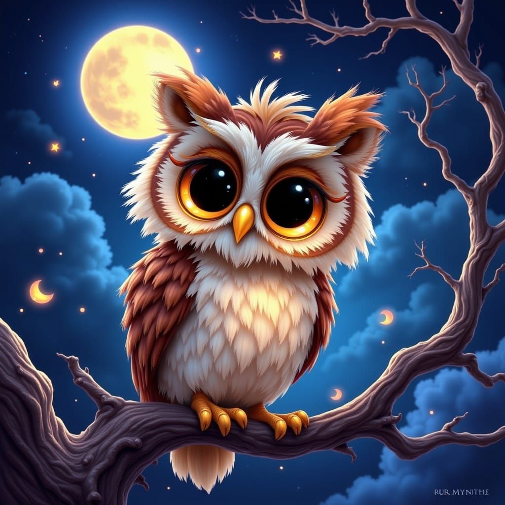 Whimsical Owl with Shimmering Eyes in Cartoon Style