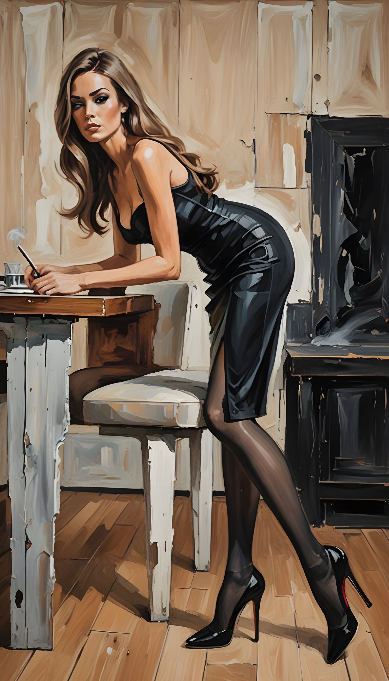 Abstract Brutalist Painting of Woman in Little Black Dress