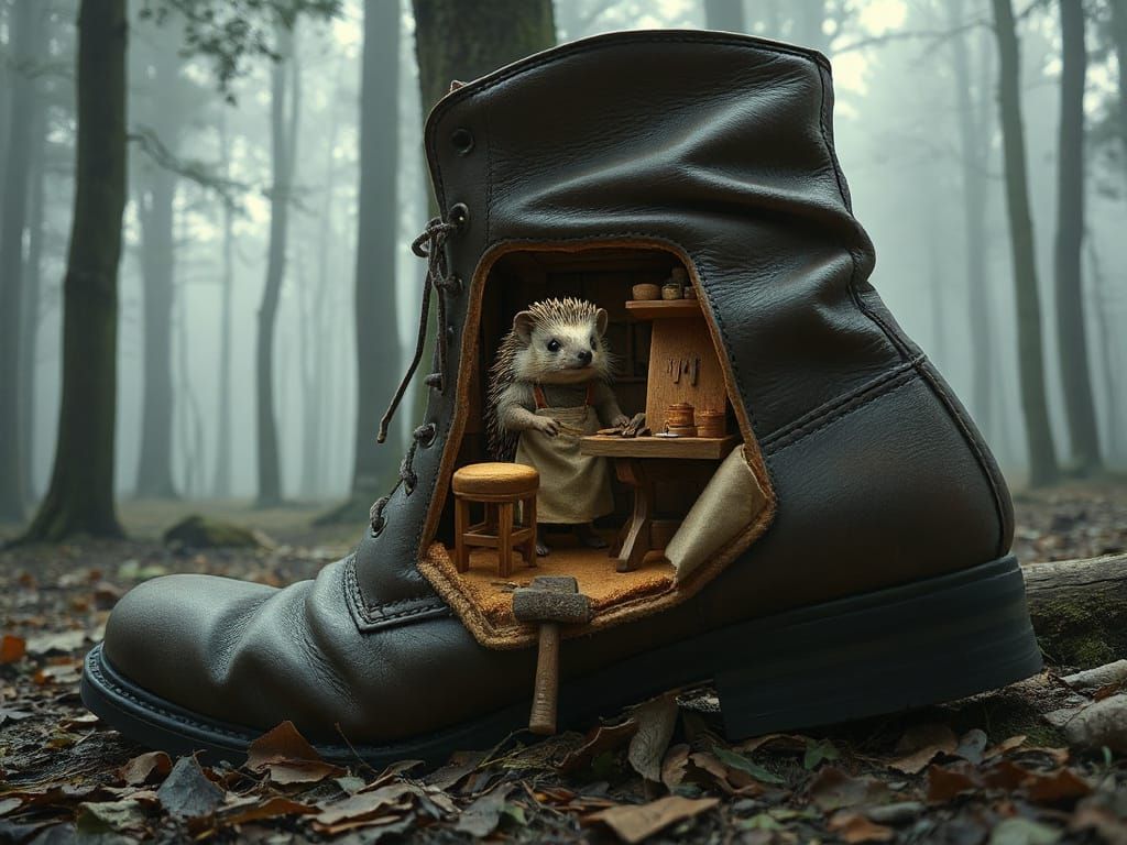 Hedgehog Cobbler in Boot Workshop, Detailed Juggernaut Style