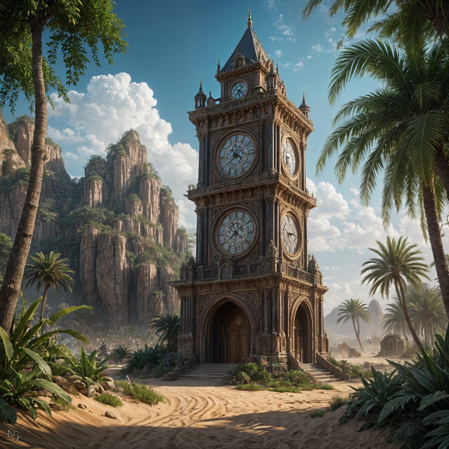 Gothic Clock Tower in Desert Oasis: Digital Art