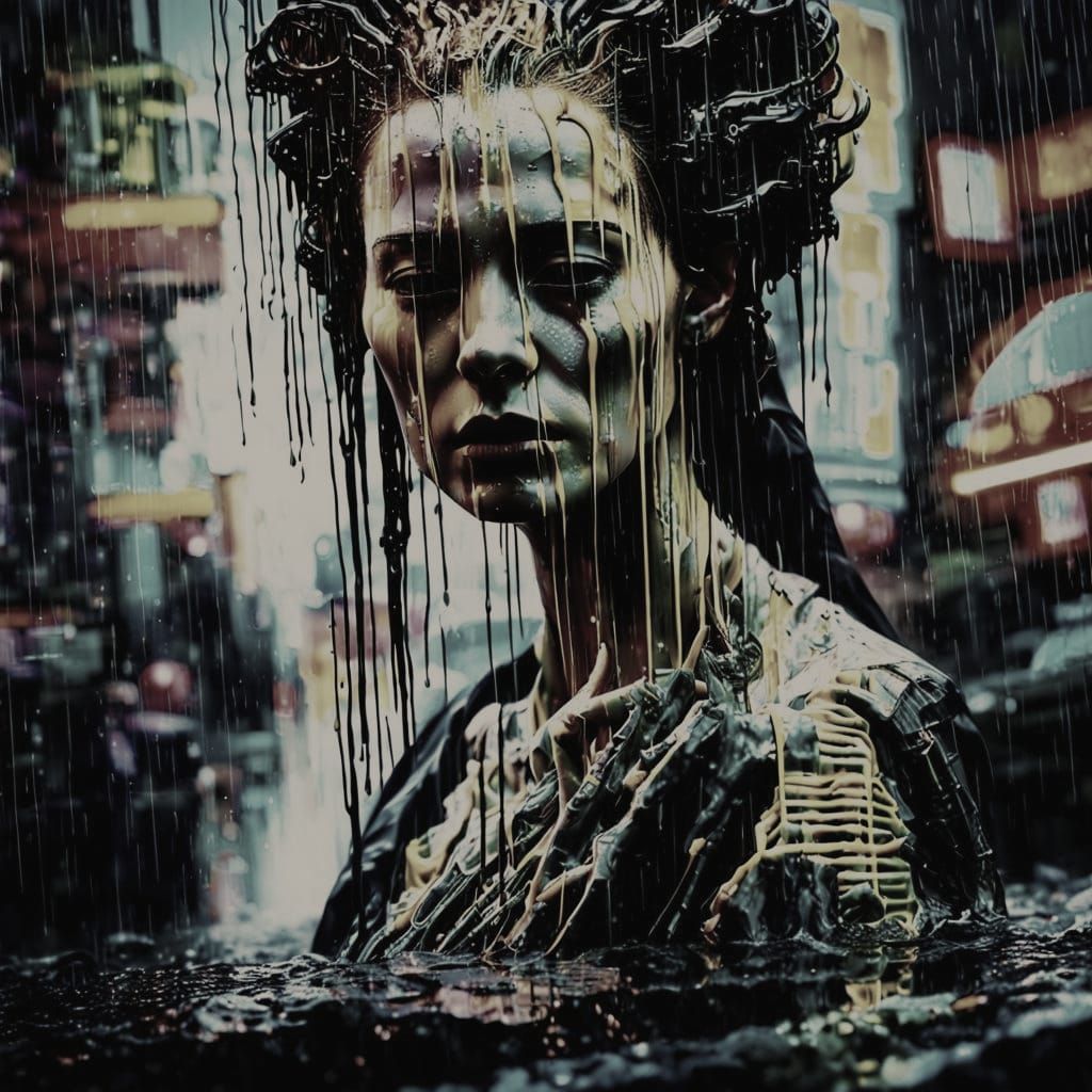Cyberpunk Woman with Double Exposure in Gritty Style
