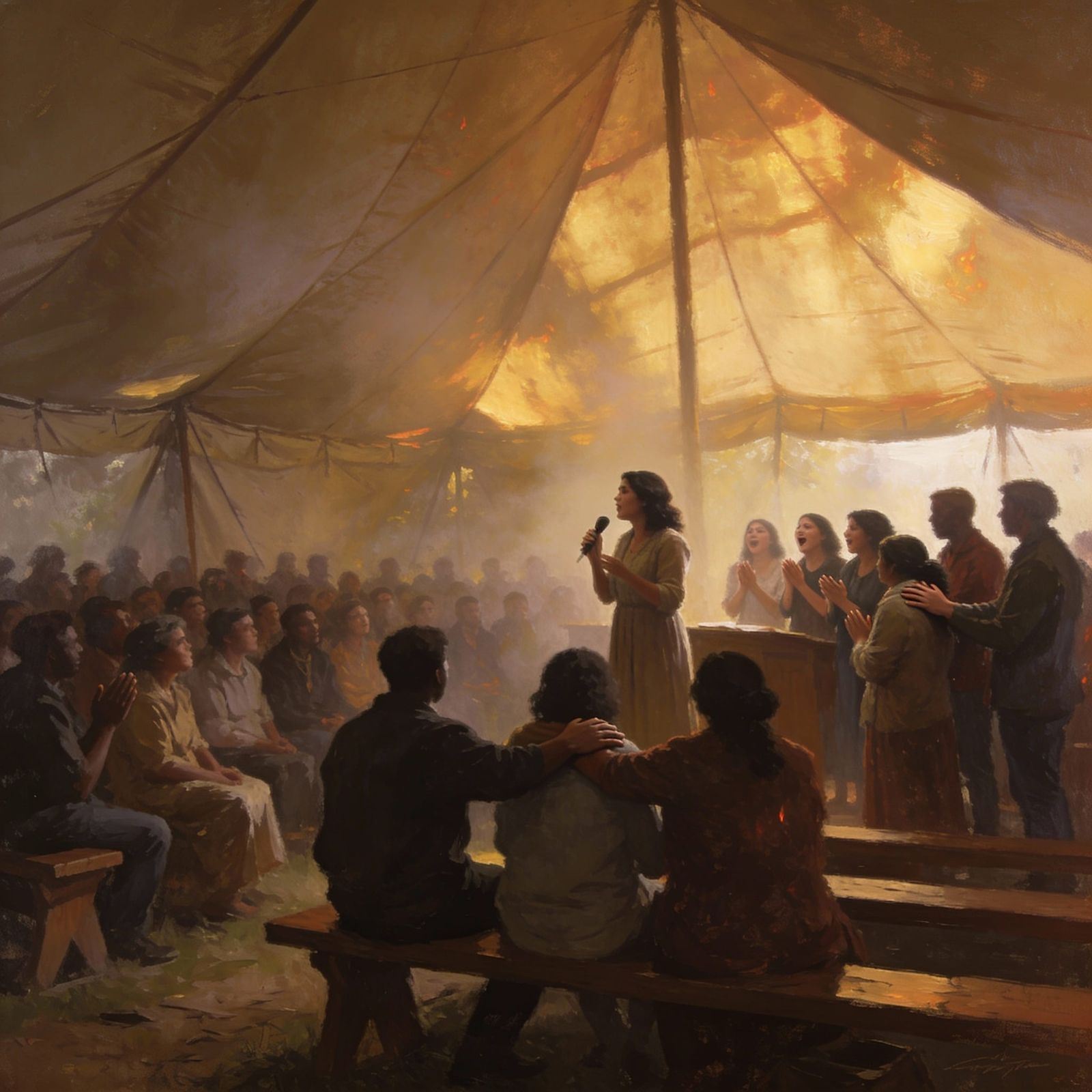 Atmospheric Painterly Scene of a Loving Tent Revival