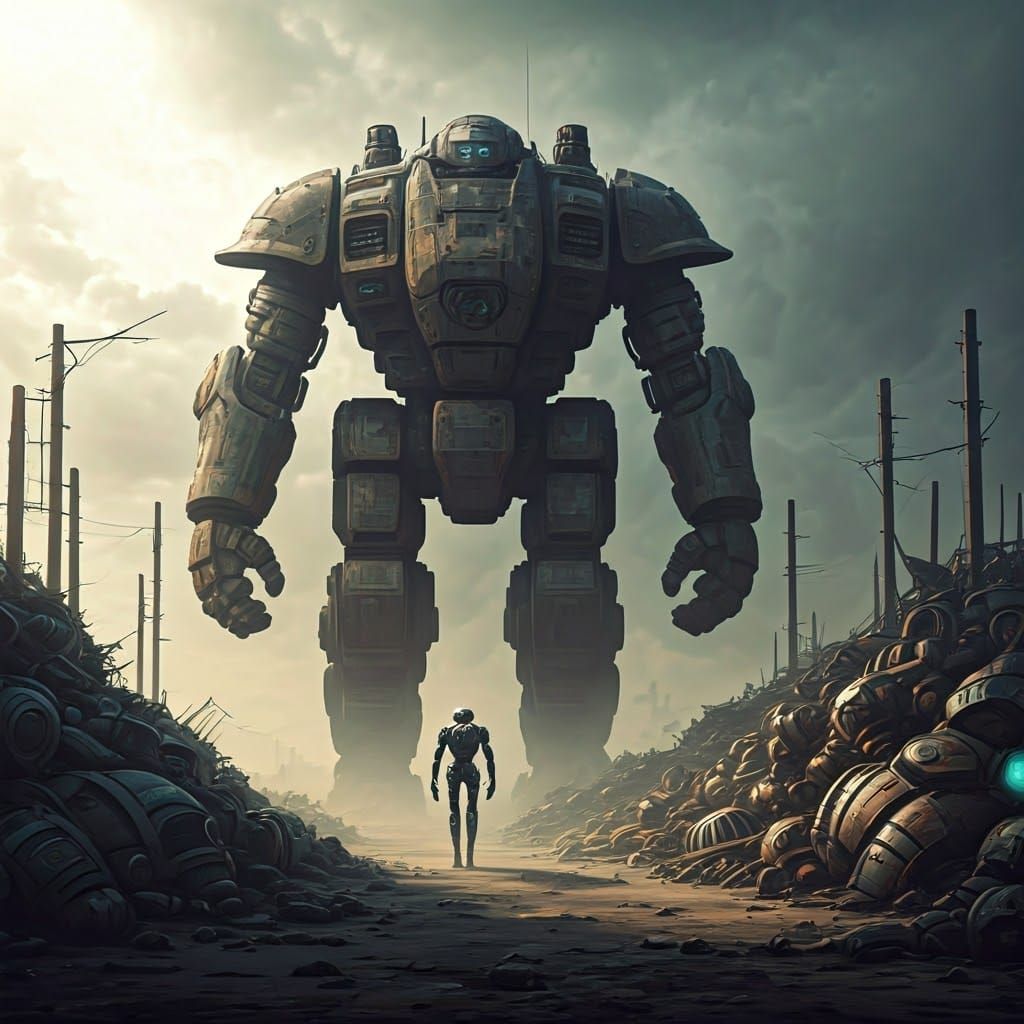 Fortress Robot Striding Through Cyberpunk Wasteland