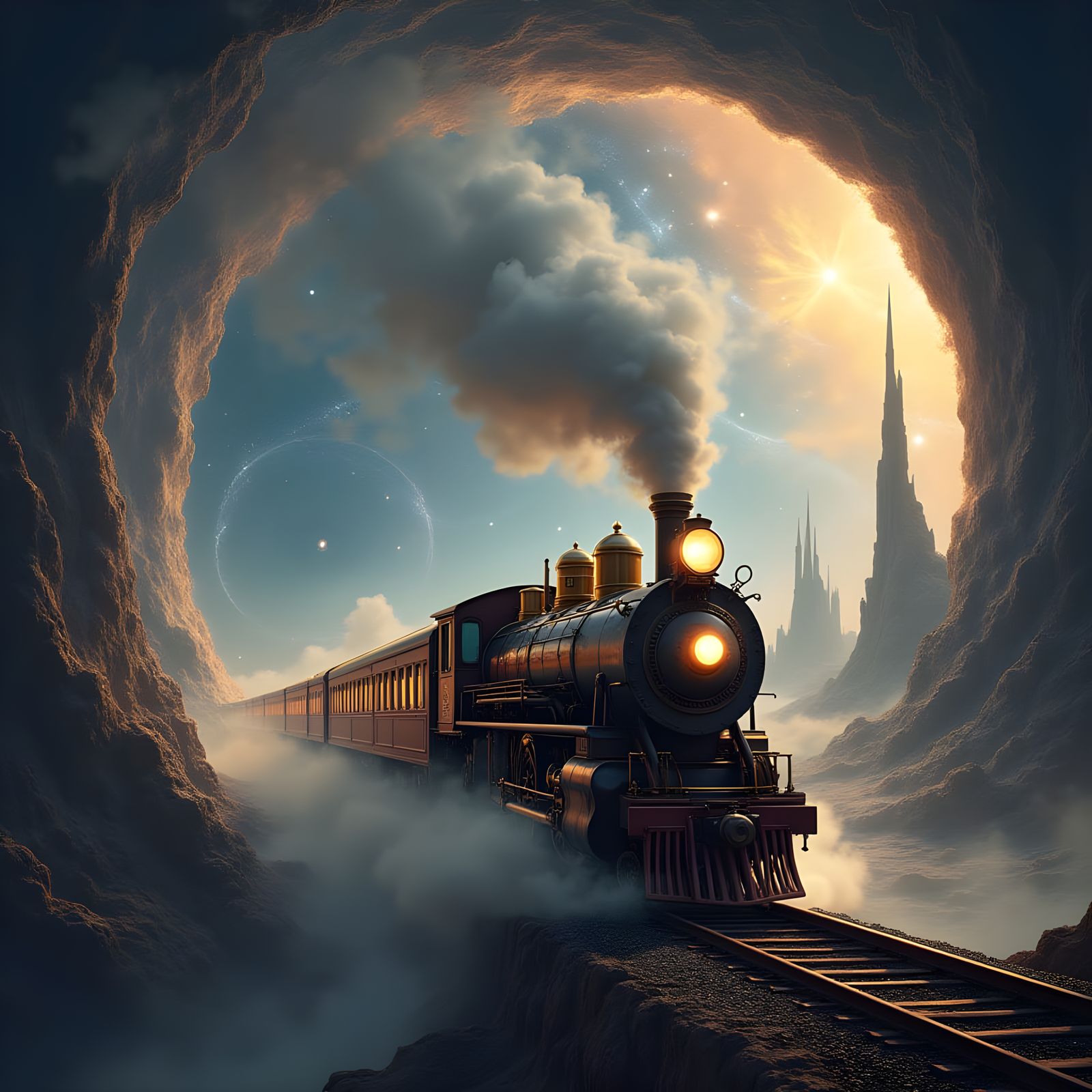 Majestic Train Emerge from Wormhole in Cosmic Landscape