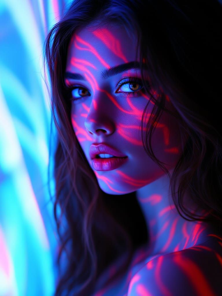 Surreal Neon Portrait: Woman with Blue & Red Zebra Lighting