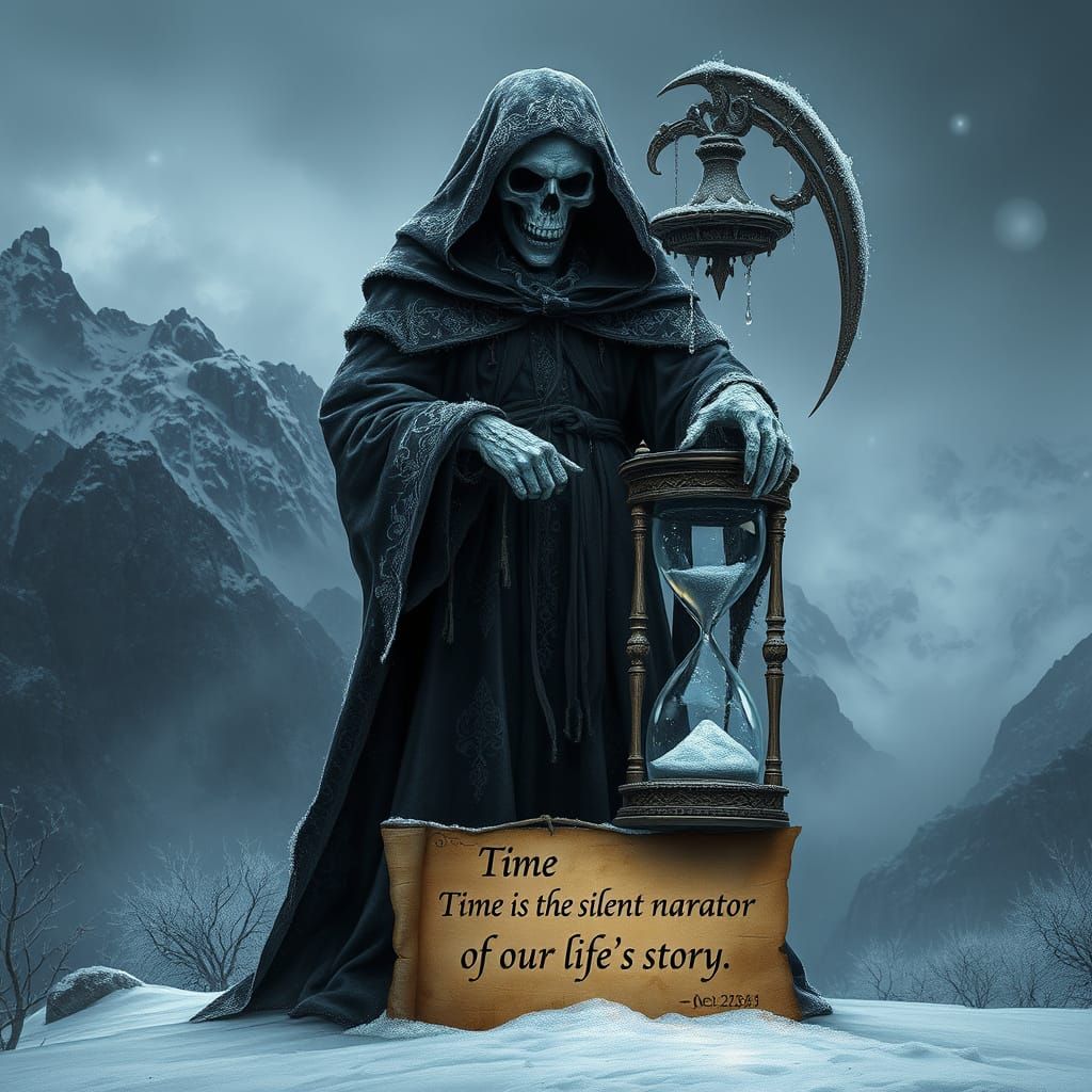 Grim Reaper in Frosty Landscape with Parchment Sign