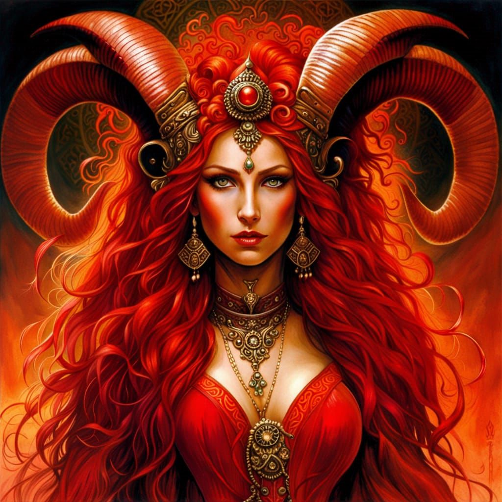 Aries Zodiac Goddess in Psychedelic Art Style