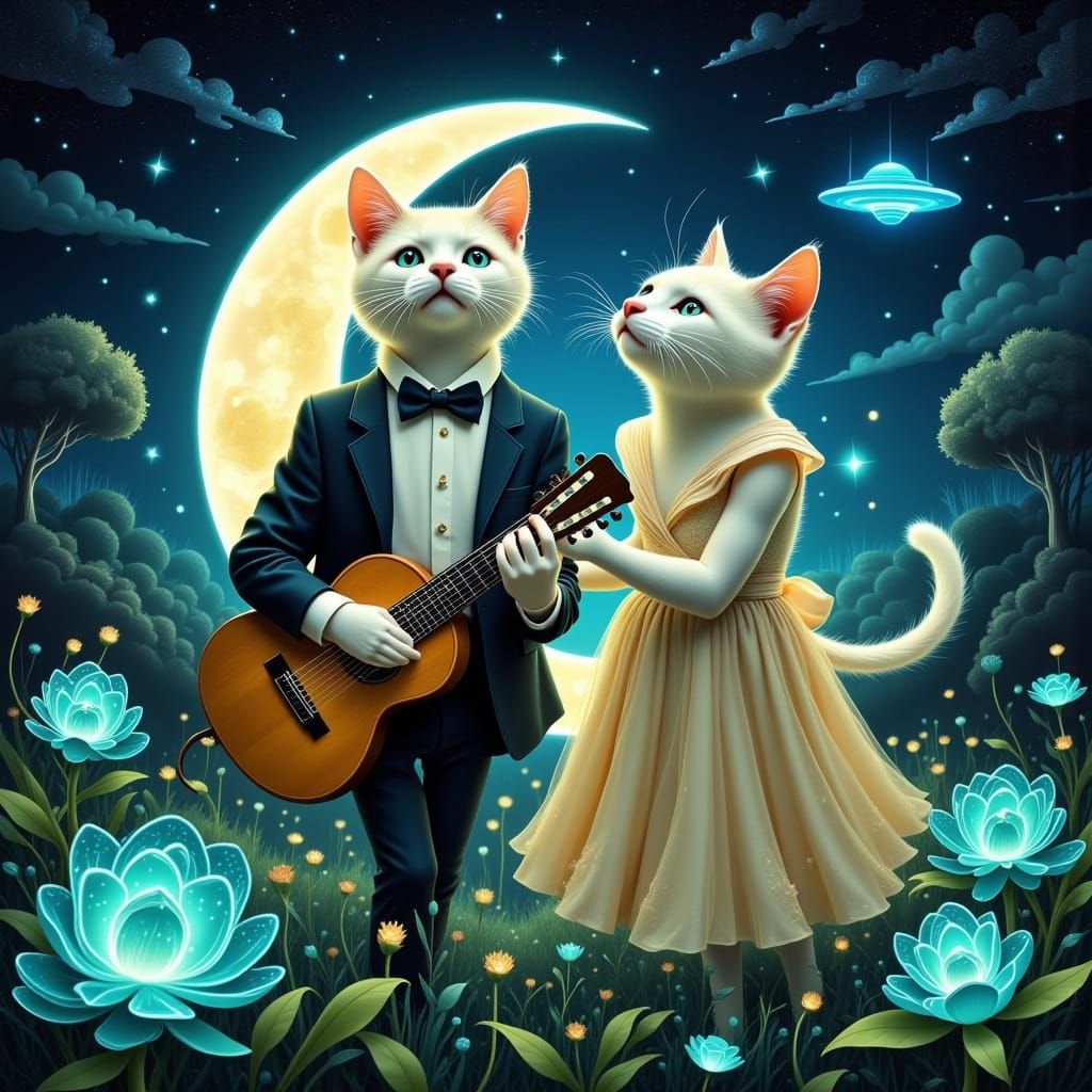 Whiskered Beings Dance Under Crescent Moonlight