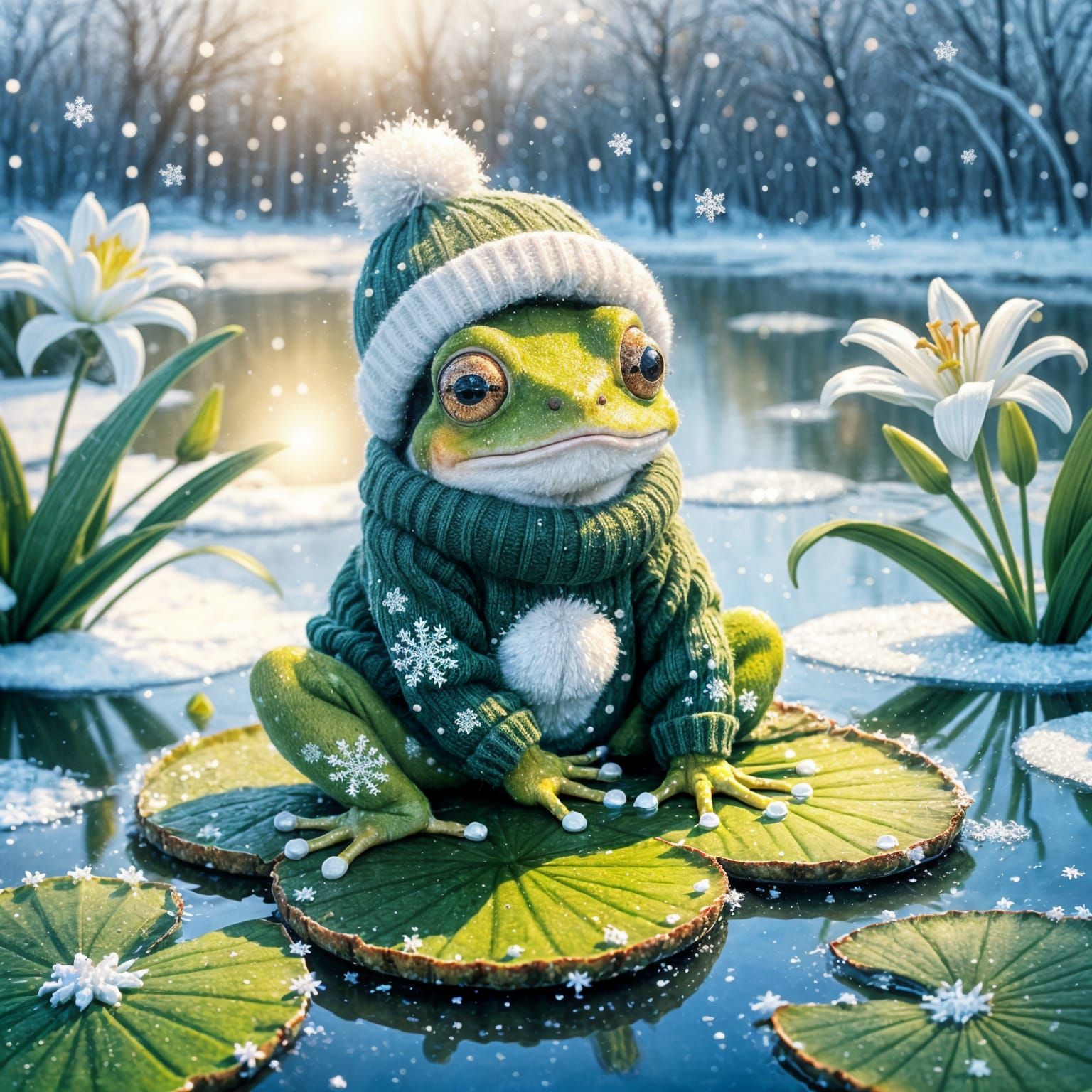 Cute Frog on Frozen Pond with Snowflakes