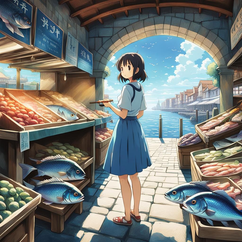Italian Girl at Fish Market in Studio Ghibli Style