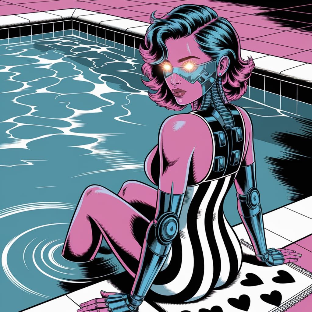 Cybernetic Woman Poolside in Pulp Comic Style