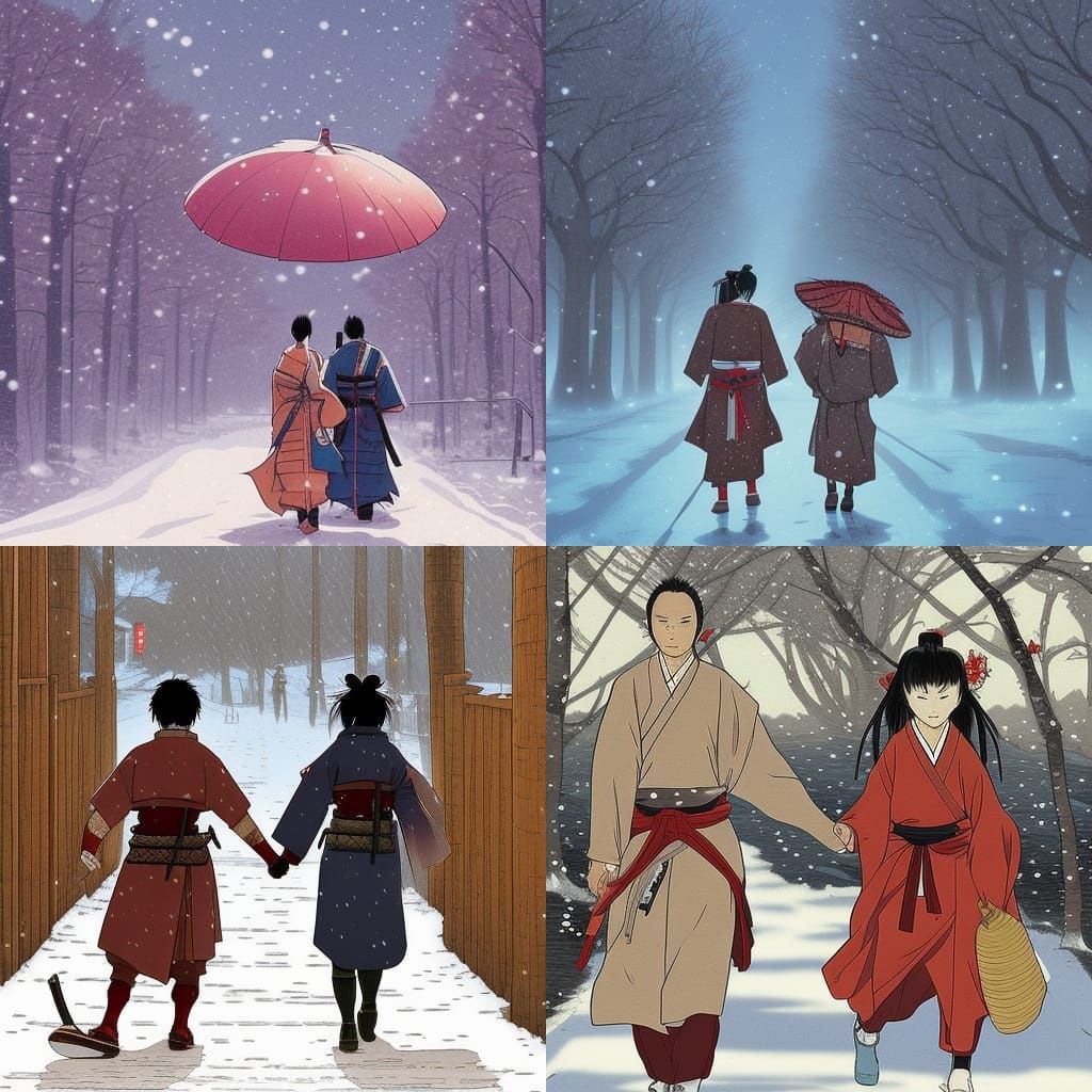 Anime Samurai and Geisha Stroll in Snowy Scene