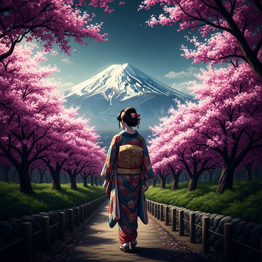 Japanese Woman in Sakura Garden, Manga Style