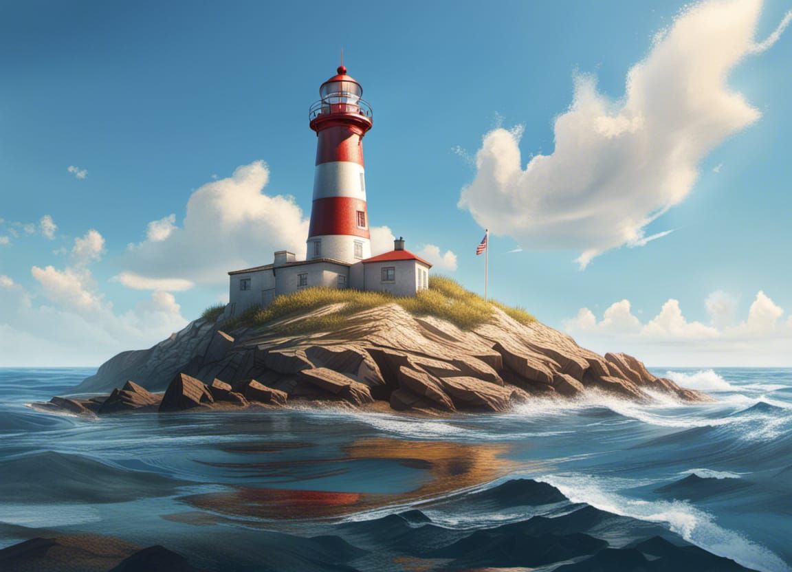 Hyperrealistic Lighthouse in Sea on Sunny Day