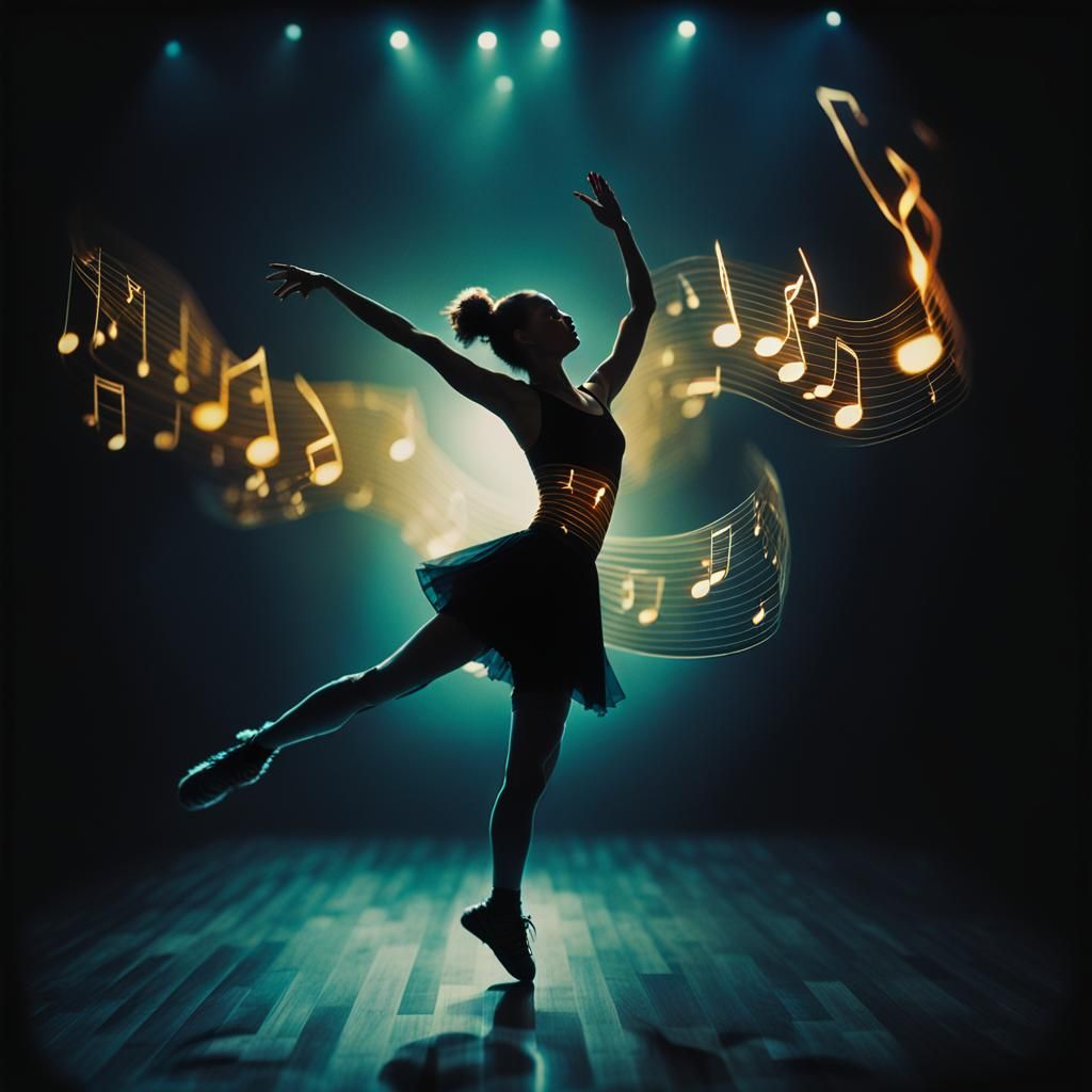 Dramatic Dancer Double Exposure with Musical Notes