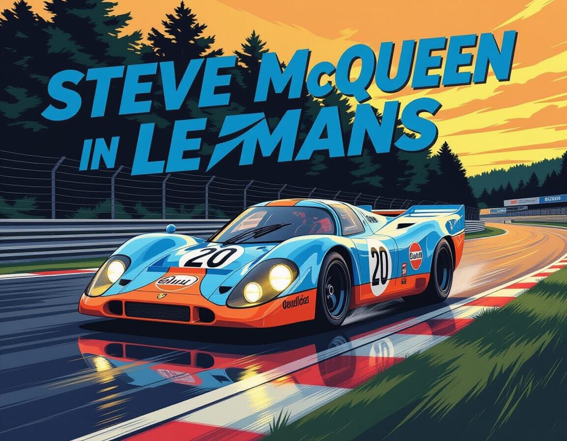 Porsche 917K Racing at Le Mans in Comic Book Style