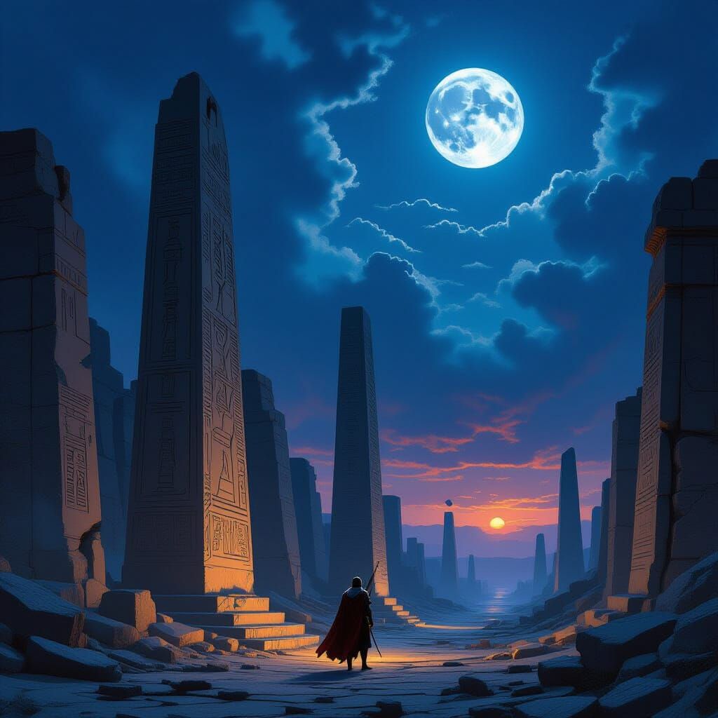 Roman Legionary Guards Ancient Ruins Under Twin Moons