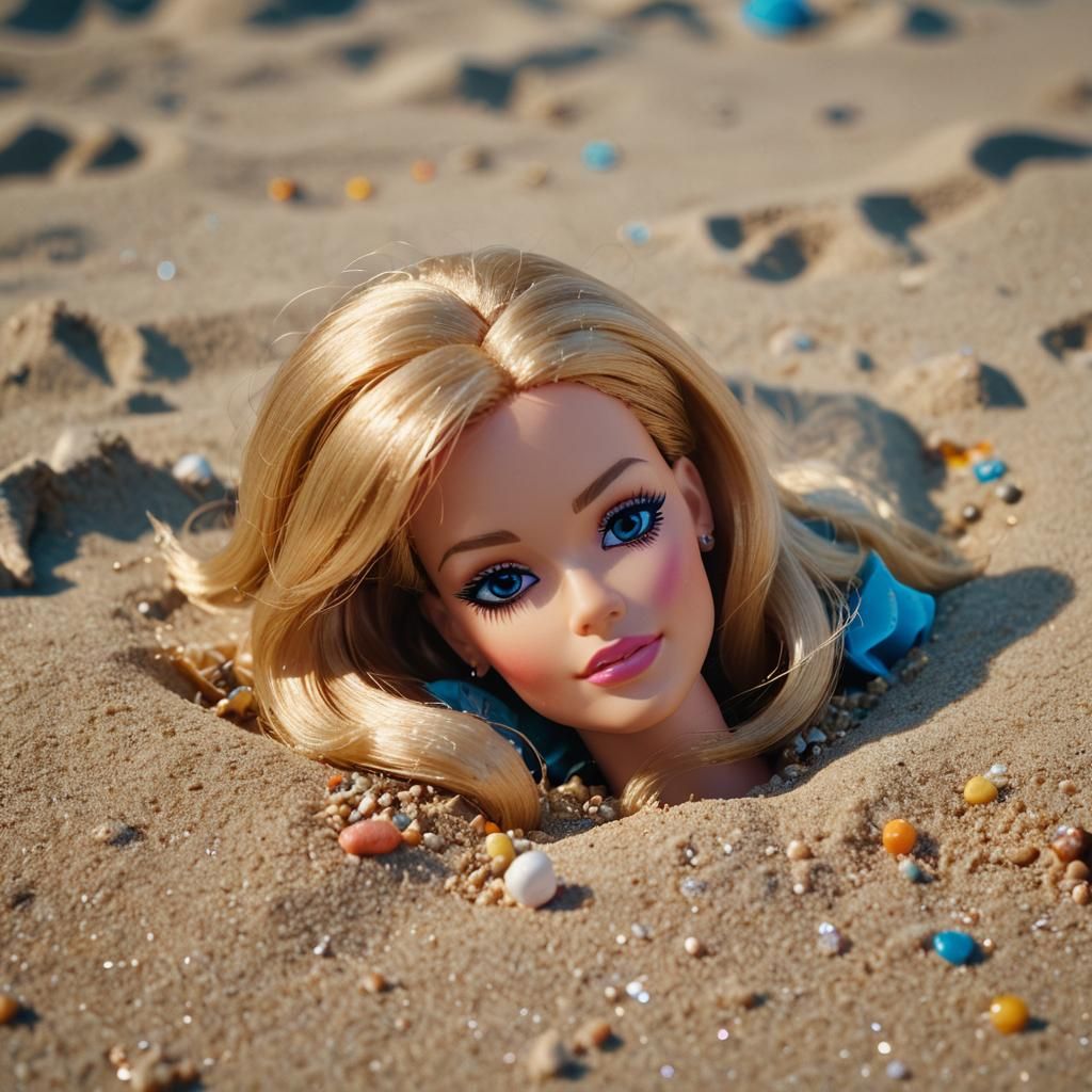 Barbie Doll Buried in Sand: Cinematic Film Still