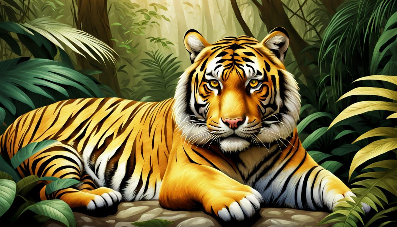 tiger, photorealistic, golden, serene, jungle