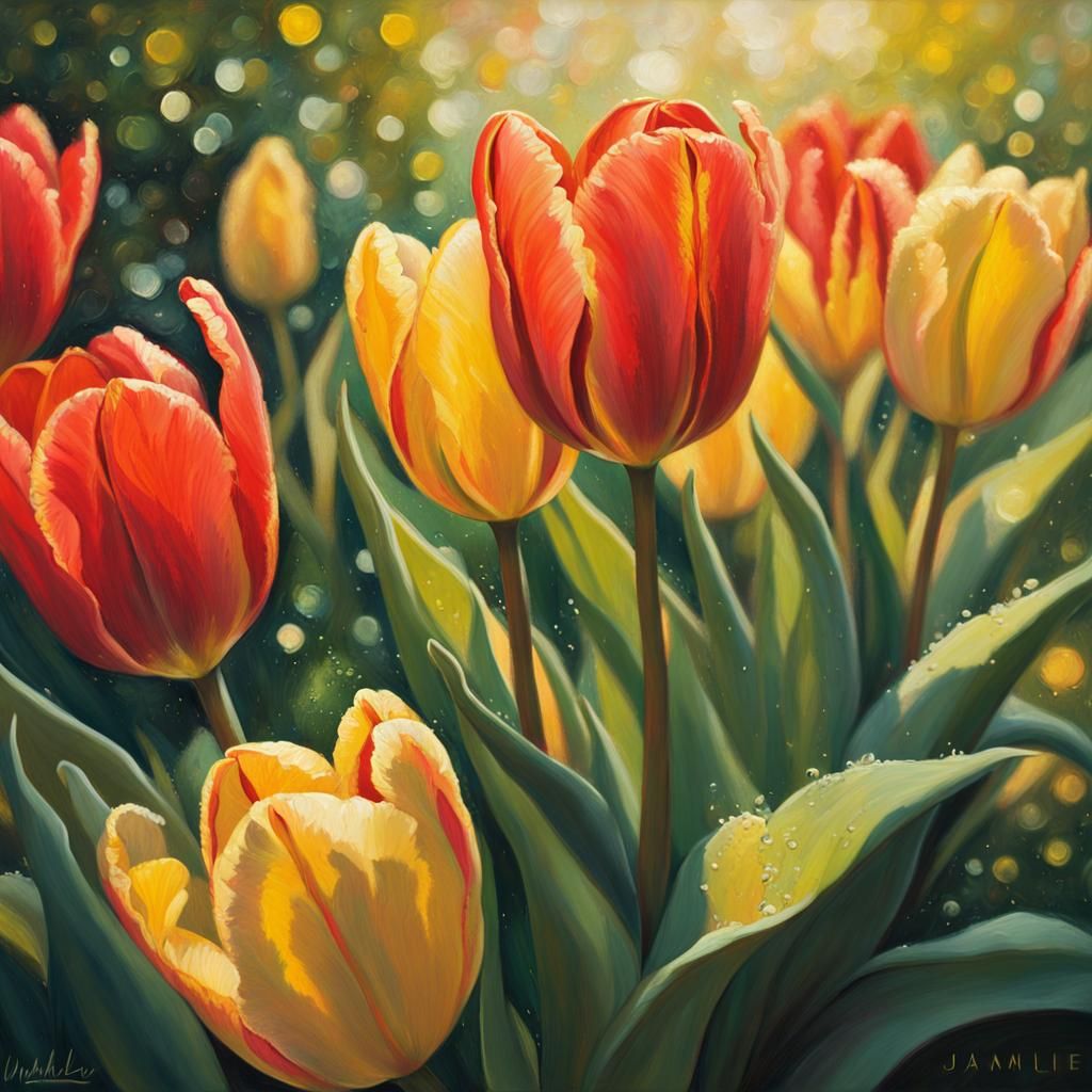 Lush Garden Tulips Swaying in Sunlight as Oil Painting