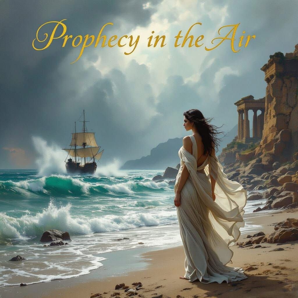 Woman on Shore with Distant Stormy Ship and Greek Ruins