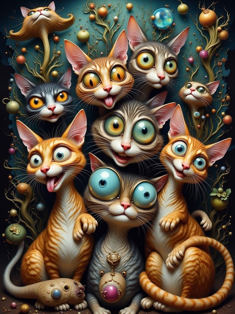 Goofy Cats in Surreal Dali-Inspired Landscape