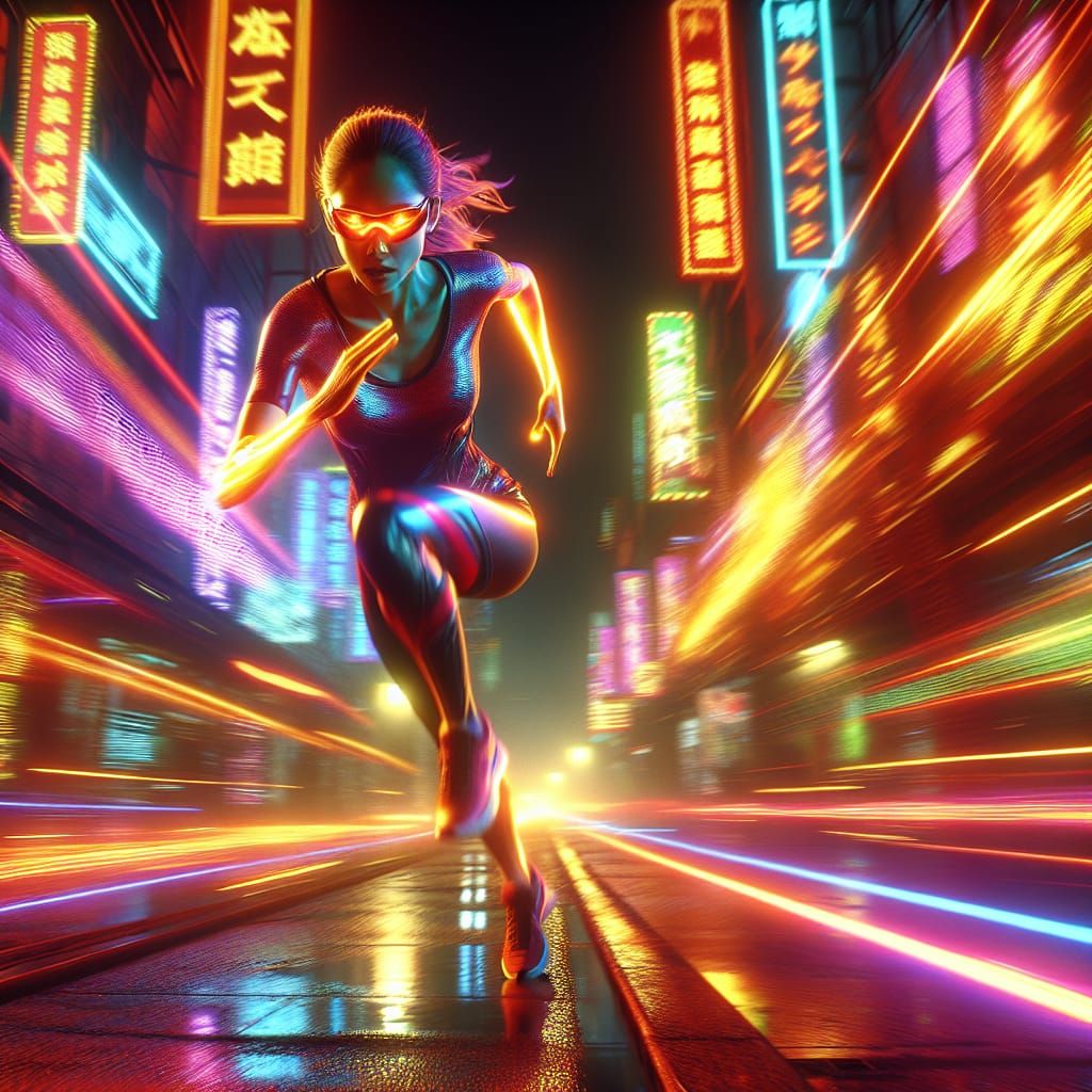 Neon Superhero Slices Through Night Air