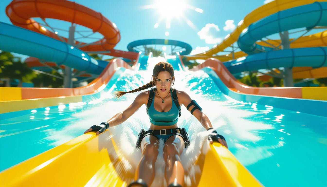 Lara Croft on Thrilling Water Slide in Hyperrealistic Photo