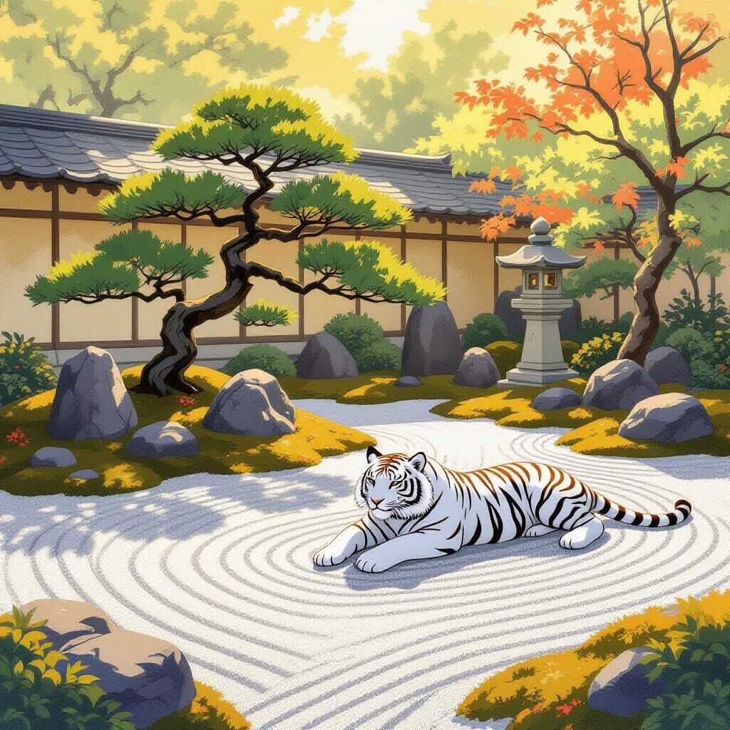 White Tiger in Zen Garden, Watercolor Style