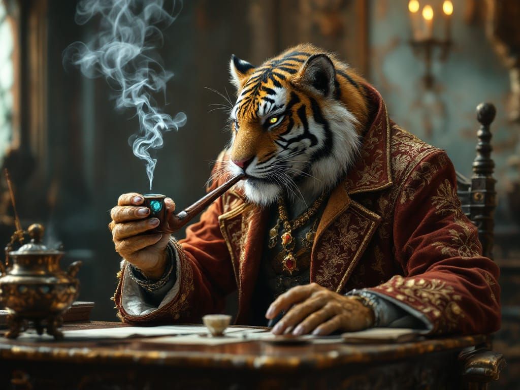 Tiger-Headed Rakshasa in Smoking Jacket Examining Jewel