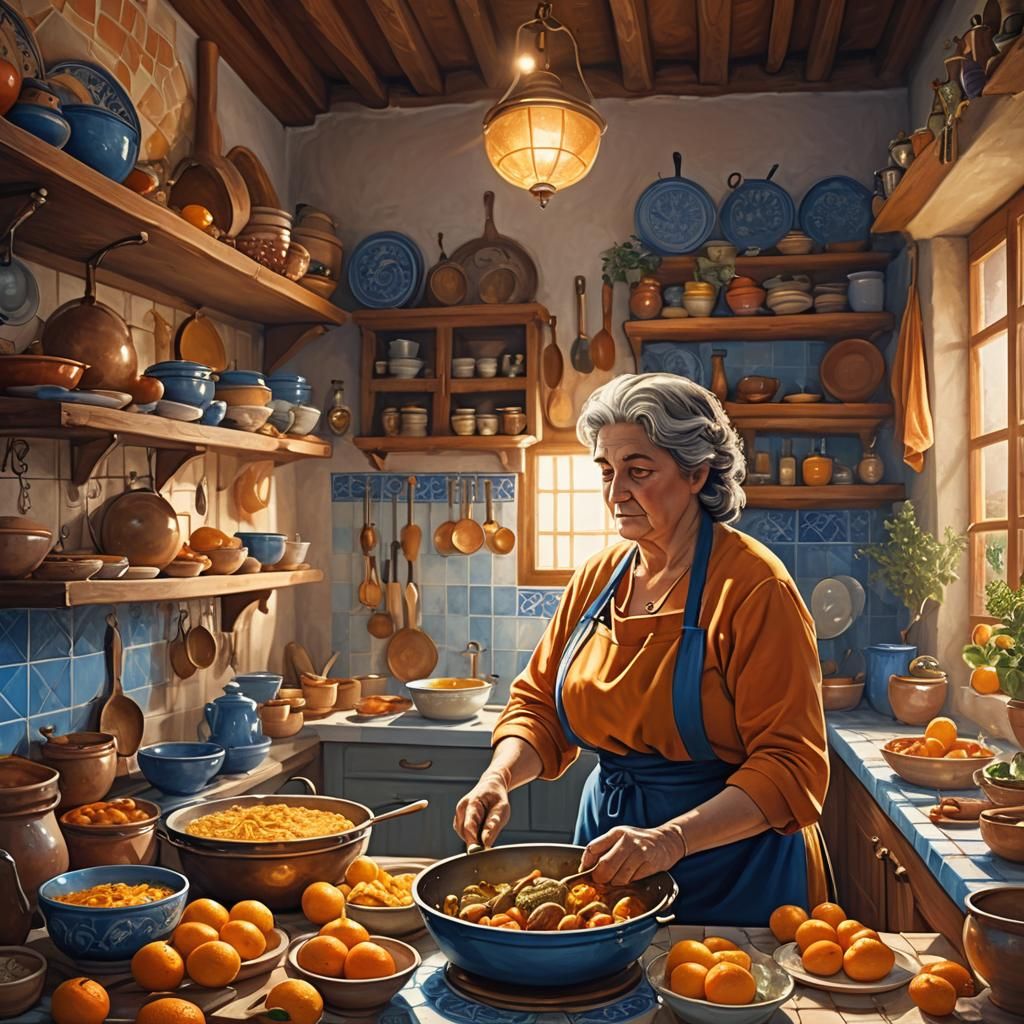 Italian Woman Cooks Feast in Mediterranean Kitchen