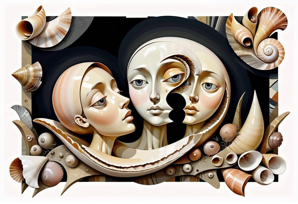 Abstract Collage with Simulacra Faces and Chitin Shell Husk