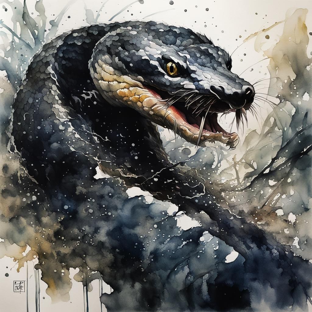 Dark Gothic Watercolor of a Majestic Water Snake